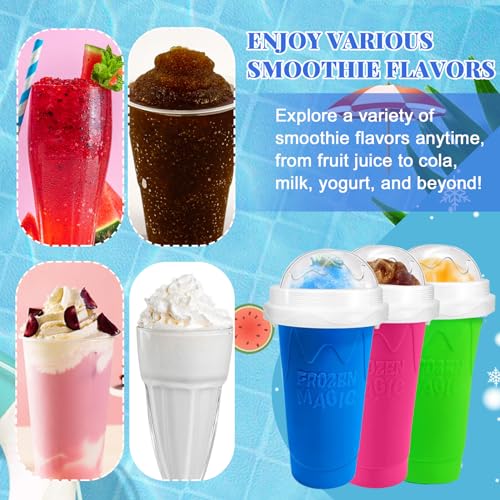 FANS-ONE Slushie Cup, 2 Pack Slushy Maker Cup, Frozen Magic Squeeze Cups for Juice Milk Yogurt Ice Cream Make, DIY Smoothie Cooling Cup with Lid & Straw for Kids Friends Family (Blue+Green) - Image 4