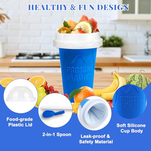 FANS-ONE Slushie Cup, 2 Pack Slushy Maker Cup, Frozen Magic Squeeze Cups for Juice Milk Yogurt Ice Cream Make, DIY Smoothie Cooling Cup with Lid & Straw for Kids Friends Family (Blue+Green) - Image 3