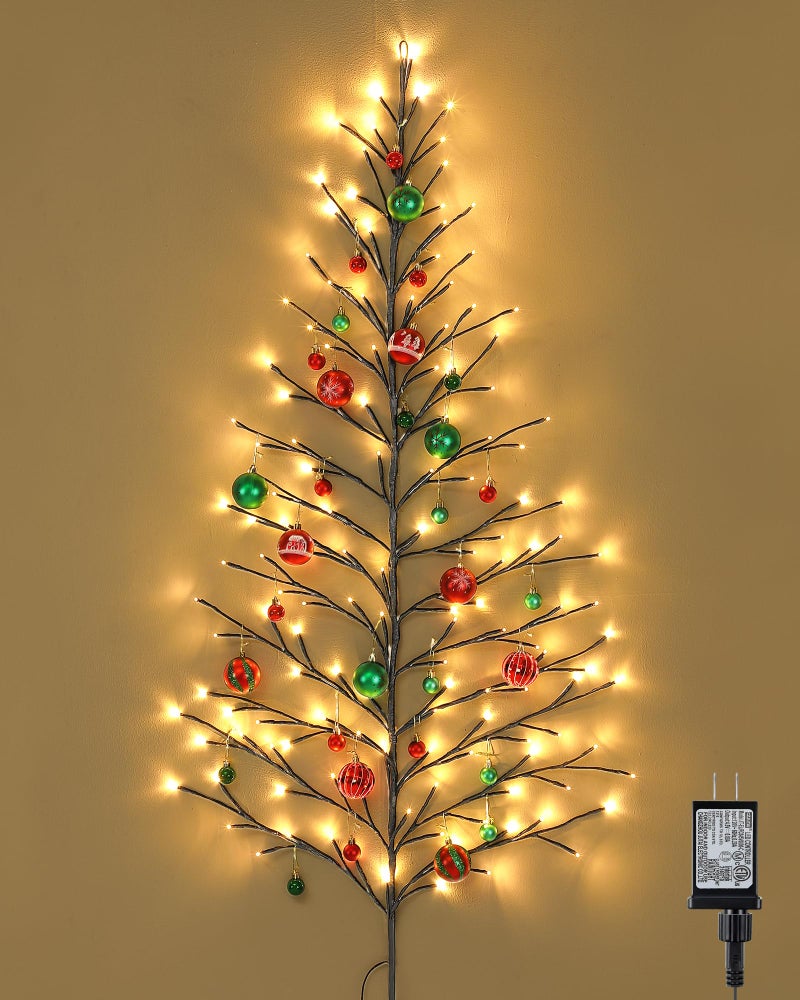 ElectricWise 5 FT 144 LED Lighted Wall Christmas Tree with Decorative Balls 8 Light Modes Plug in Half Christmas Tree Hanging Flat Mounted Trees for Holiday Apartment RoomBlack Red and Green
