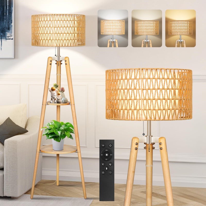 OUTON Boho Rattan Tripod Floor Lamp with Shelves, Dimmable Mid Century Modern Standing Lamp with Remote Control,Wood Tall Floor Lamps for Living Room Bedroom Office Farmhouse Bulb Included