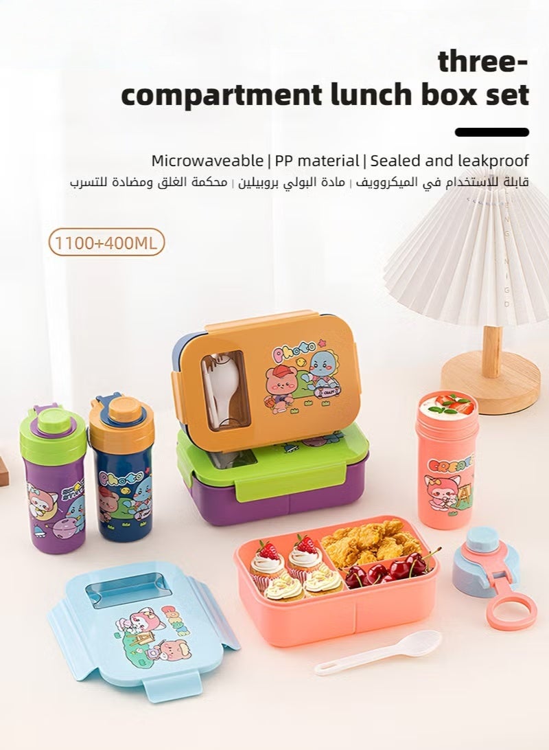 HOOKOR Portable Kids Bento Box Set, Children Lunch Box with Water Bottle for School, Snack Containers for Travel, 3 Compartments Meal Prep Removable Divider, BPA Free, Microwave & Dishwasher Safe - Image 2