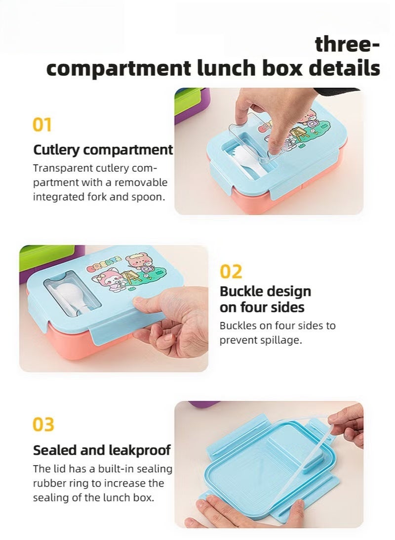 HOOKOR Portable Kids Bento Box Set, Children Lunch Box with Water Bottle for School, Snack Containers for Travel, 3 Compartments Meal Prep Removable Divider, BPA Free, Microwave & Dishwasher Safe - Image 4