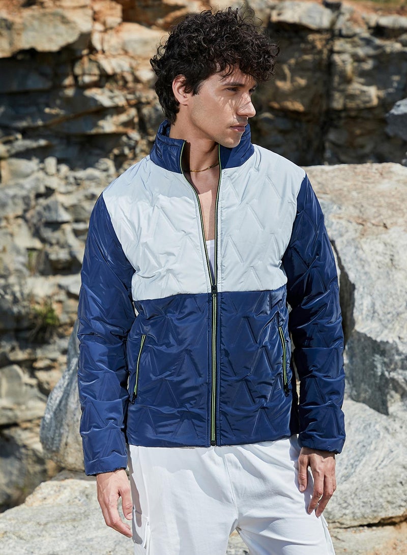 كامبوس سوترا Men's Navy Blue & Light Grey Contrast V Quilted Puffer Jacket  - Image 2