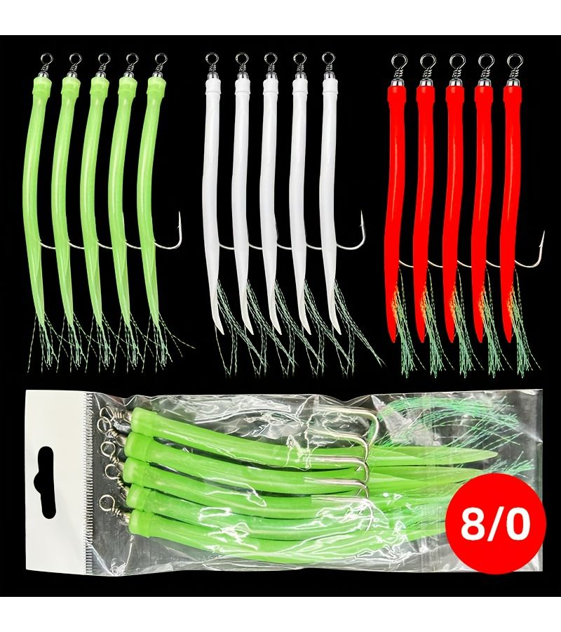 8/0 Red Eel Hooks 5 Pack For Striped Bass Trolling Saltwater Tube Lures Teaser Rigs - Image 1