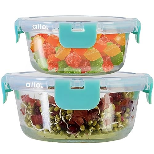 Allo Food Safe Glass Containers with Lids with Break Free Lock, Microwave Safe Containers,Borosilicate Meal Prep Glass Food Storage Containers for Kitchen, Set of 2, 215ml, 390ml, Round - Image 1
