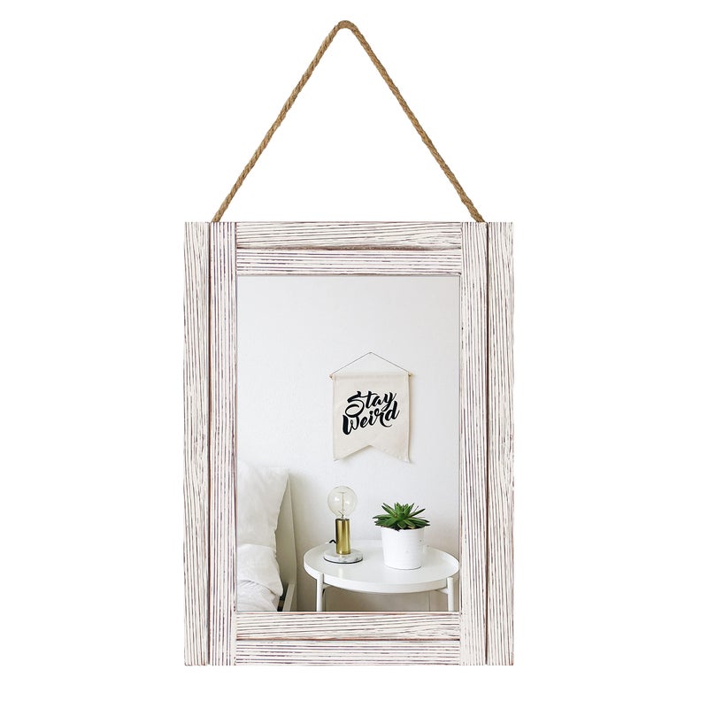 Emaison 16 X 12 Inch Rustic Wood Framed Wall Mirror with Hanging Rope for Farmhouse Decor for Entryway Bedroom Bathroom Dresser Wash White