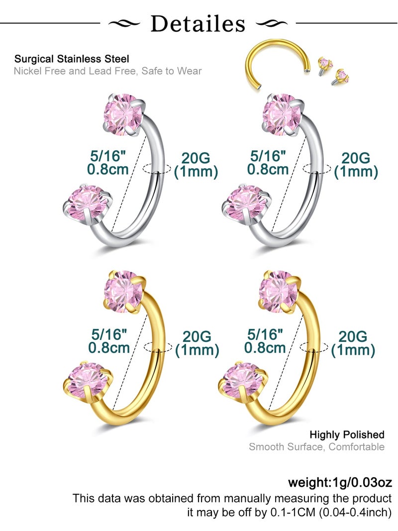 Longita 18g Horseshoe Nose Ring for Women Double Gem Horse Shoe Nose Ring Hoop Surgical Steel Pink Silver Gold Cartilage Helix Tragus Earring Hoops Labret Lip Piercing Jewelry Small Septum Rings 18g - Image 2