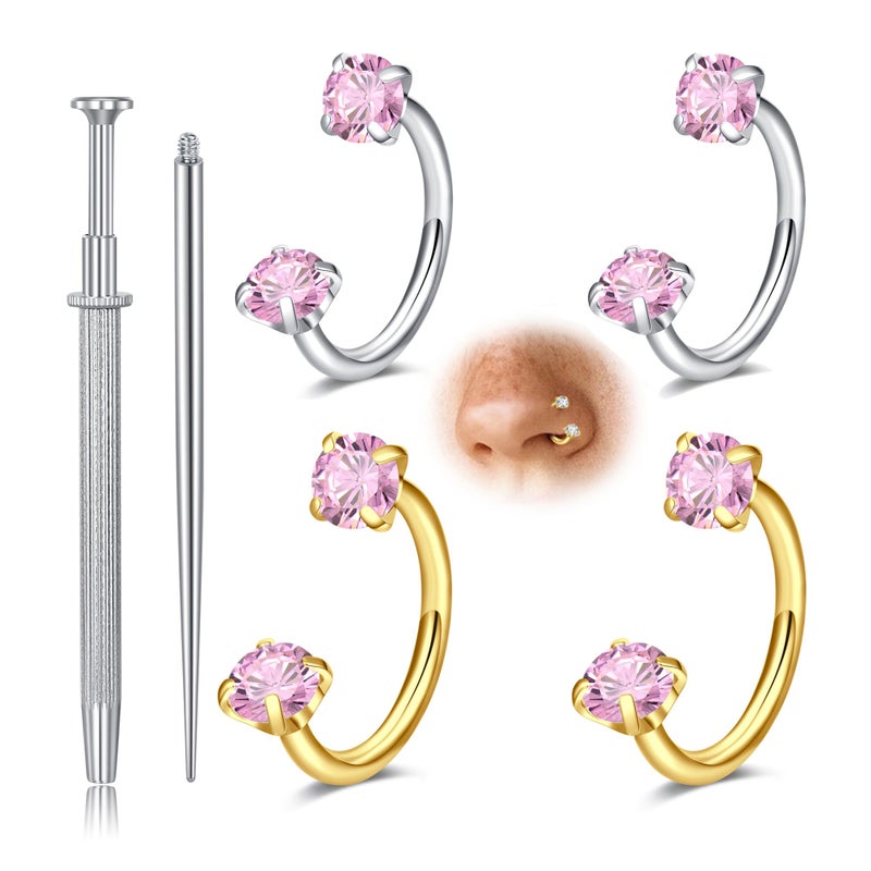 Longita 18g Horseshoe Nose Ring for Women Double Gem Horse Shoe Nose Ring Hoop Surgical Steel Pink Silver Gold Cartilage Helix Tragus Earring Hoops Labret Lip Piercing Jewelry Small Septum Rings 18g - Image 1