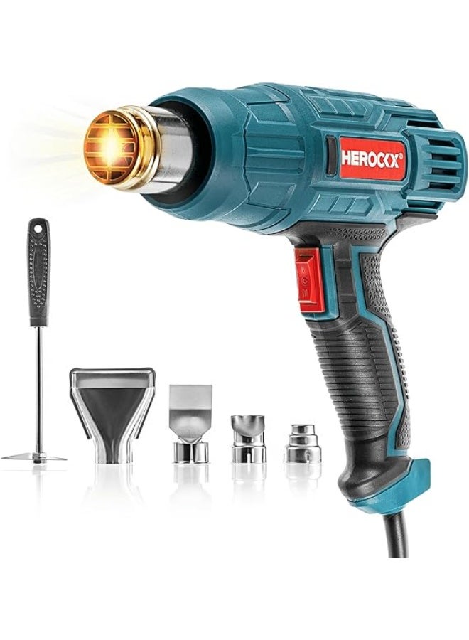 HEROCKX Heat Gun, 2000W Heavy Duty Hot Air Gun Kit Dual Temperature Settings 662℉~1112℉ (350℃-600℃), Overload Protection with 5 Nozzles for Crafts, Shrink Wrapping/Tubing, Paint Removing, Epoxy Resin - Image 1