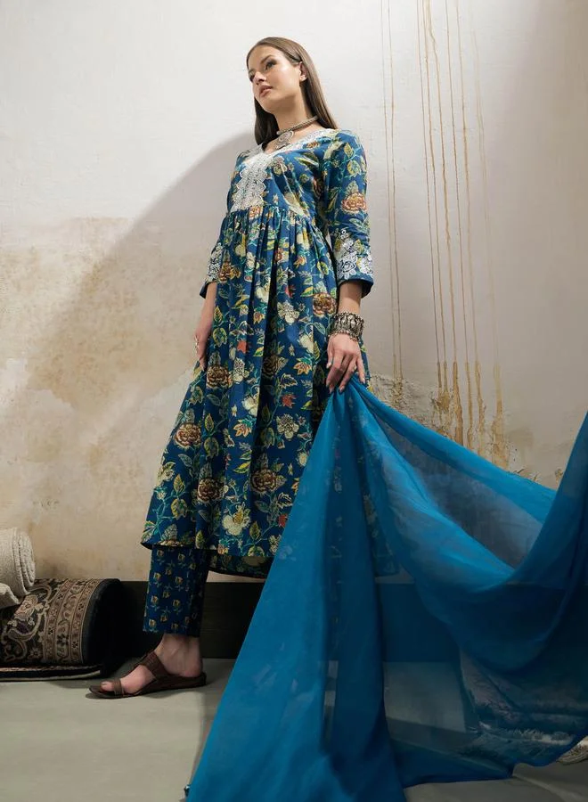 SASSAFRAS SASSAFRAS Navy Floral Gathered Kurta with Pencil Pants and Dupatta Set