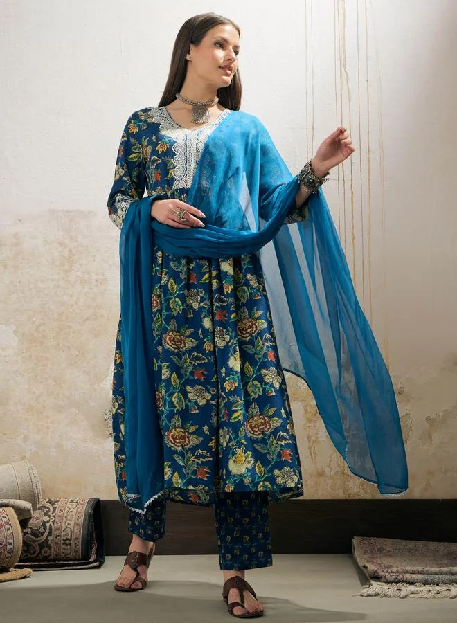 SASSAFRAS SASSAFRAS Navy Floral Gathered Kurta with Pencil Pants and Dupatta Set