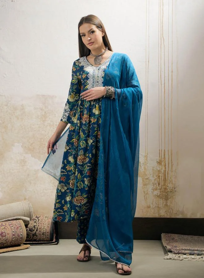 SASSAFRAS SASSAFRAS Navy Floral Gathered Kurta with Pencil Pants and Dupatta Set