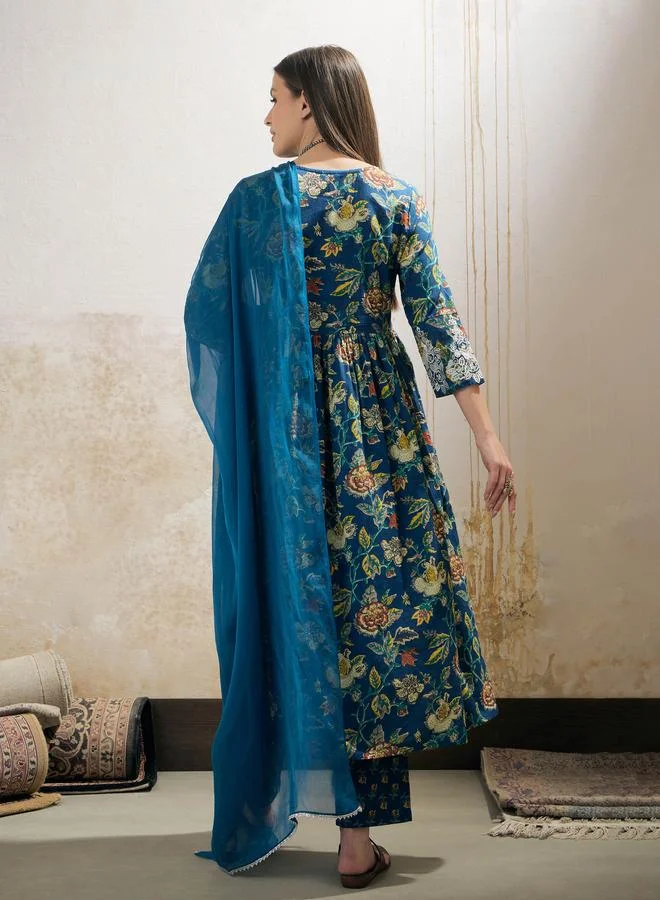 SASSAFRAS SASSAFRAS Navy Floral Gathered Kurta with Pencil Pants and Dupatta Set