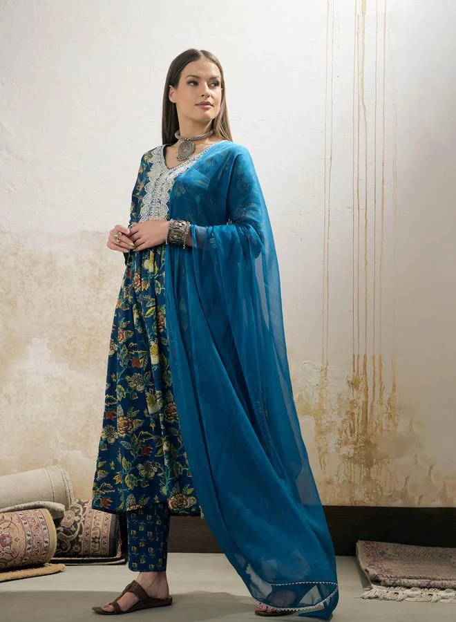 SASSAFRAS SASSAFRAS Navy Floral Gathered Kurta with Pencil Pants and Dupatta Set
