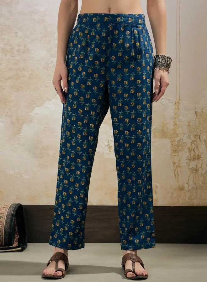SASSAFRAS SASSAFRAS Navy Floral Gathered Kurta with Pencil Pants and Dupatta Set