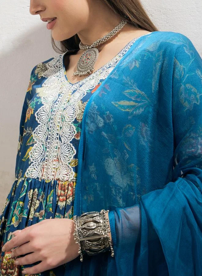 SASSAFRAS SASSAFRAS Navy Floral Gathered Kurta with Pencil Pants and Dupatta Set