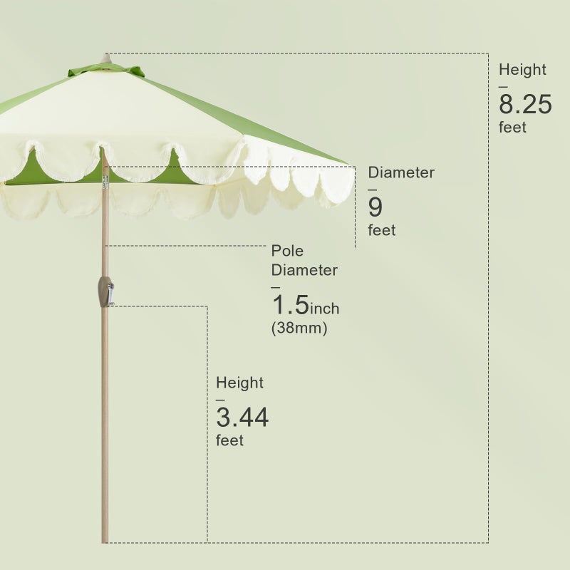 Tempera 9ft Scalloped Patio Umbrellas with Fringe, Market Umbrellas with Water-Resistant and Fade Resistant Canopy, 1.5" Wood Pole & Button Tilt. - Image 3