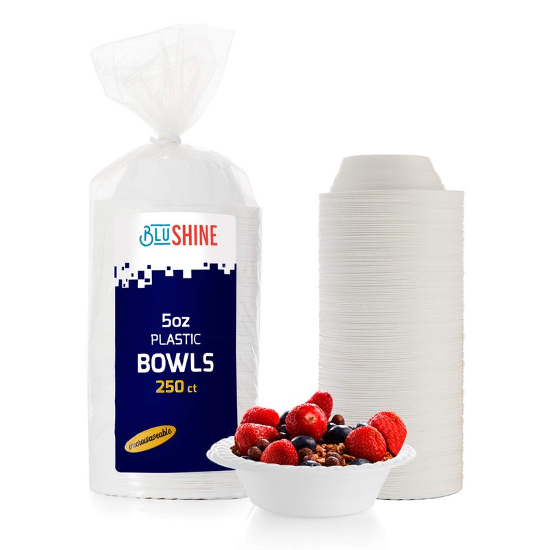 BluShine 250 Pack 5 Oz Disposable Plastic Bowls Plates  Strong and Sturdy  HeatResistant and SoakProof  Does Not Melt or Cave in Microwave  Heavy Duty BPAFree Plastic