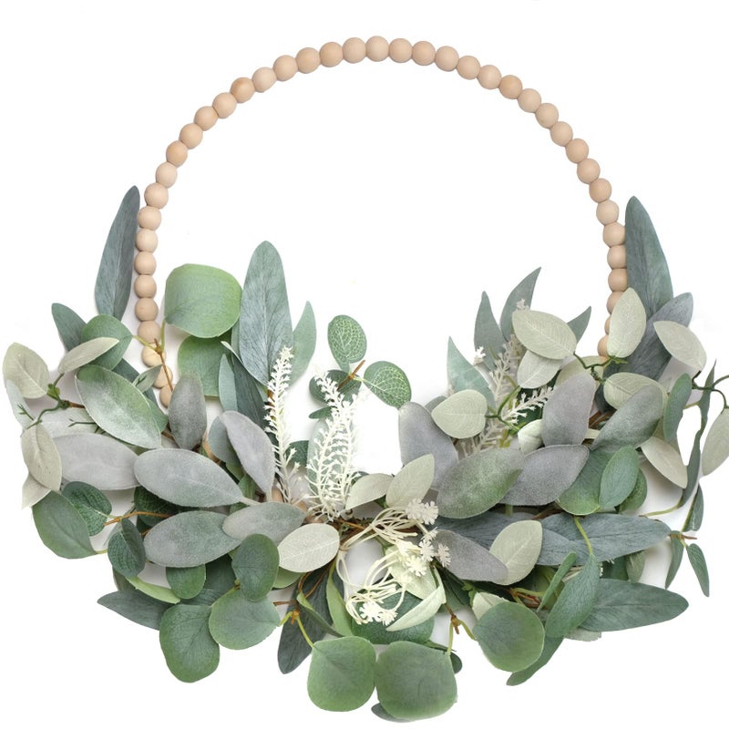 TEMPUS 16 Artificial Wood Bead Eucalyptus Wreath  IndoorOutdoor Seasonal Farmhouse Door Decor with Artificial Greenery Perfect