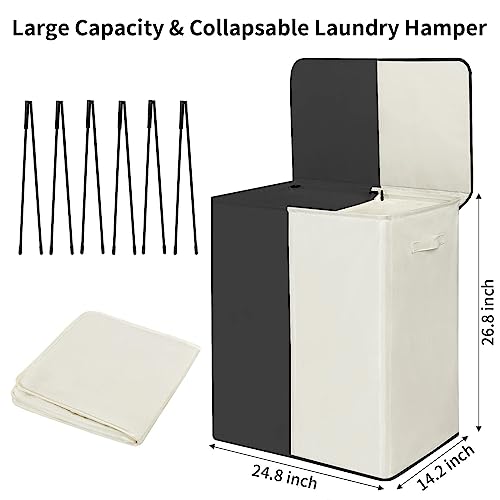 WOWLIVE Double Laundry Baseket with Lid and Removable Laundry Bags,154L Large Laundry Hamper 2 Section Collapsible Dirty Clothes Hamper for Laundry Room,College Dorm,Bathroom,Black and Beige - Image 3