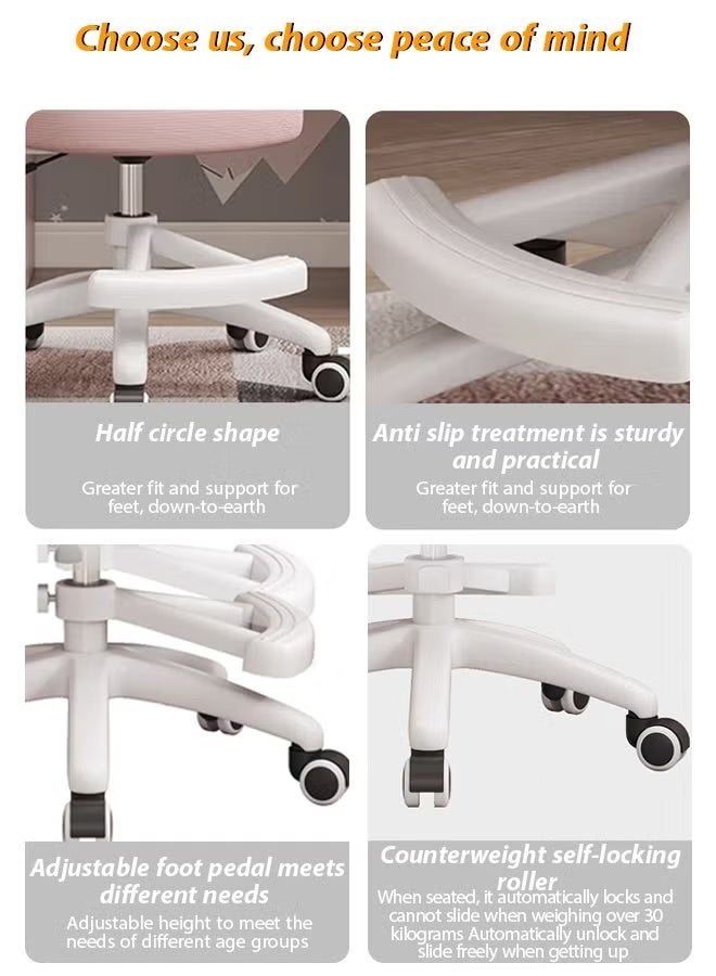 Aikenn Breathable Mesh Study Chair Comfortable Swivel Chair Lift Children's Ergonomics Study Chair with Armrests and Lifting Footrest 5 Wheels Ensure Stable Support Suitable for Study and Office Pink - Image 5