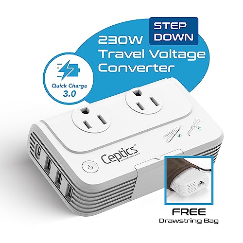 Ceptics European Travel Voltage Converter, 200W Adapter for Curling Iron, Straightener, Charger, Step Down World Power Plug - 4 USB PD 18W Fast Charging - SWadApt Compatible - Type C, E/F, G Included - Image 2