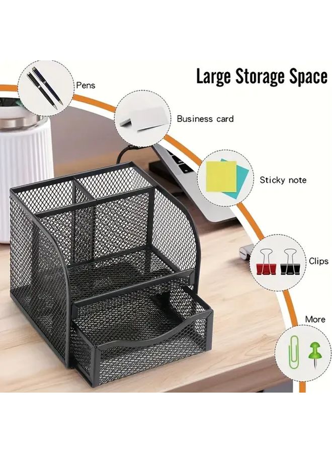 Black Metal Mesh Pen Holder With Stapler Tray And Note Pad - Image 3