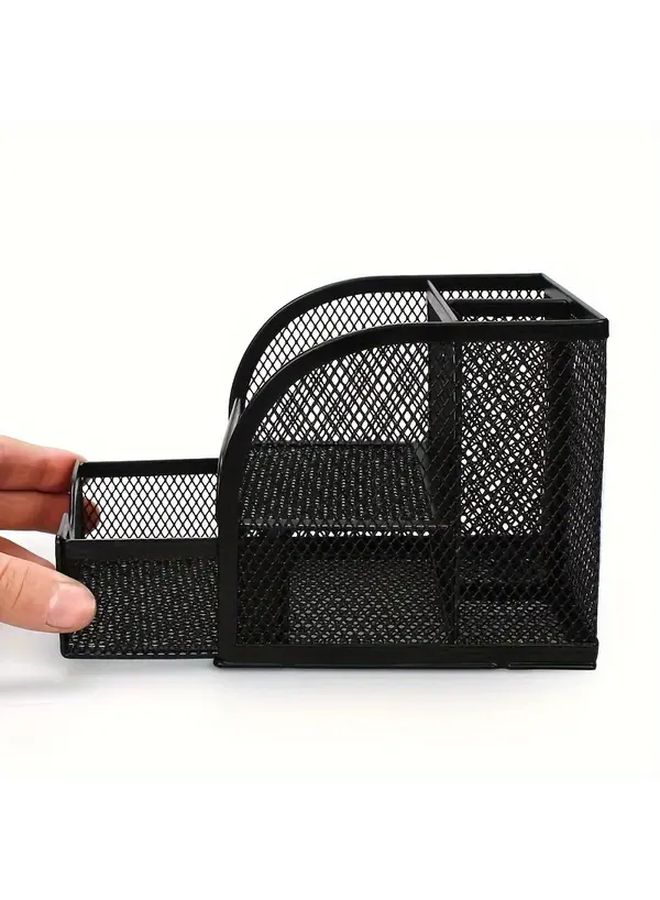 Black Metal Mesh Pen Holder With Stapler Tray And Note Pad - Image 4