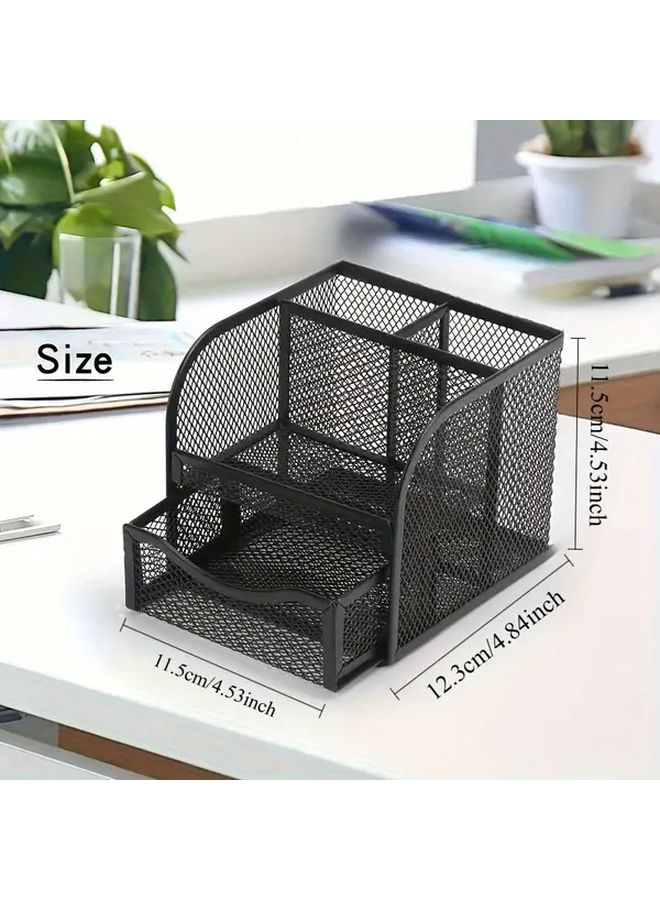 Black Metal Mesh Pen Holder With Stapler Tray And Note Pad - Image 2