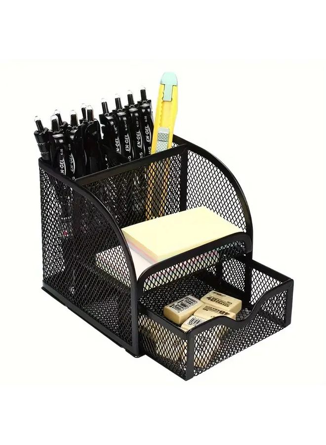Black Metal Mesh Pen Holder With Stapler Tray And Note Pad - Image 1