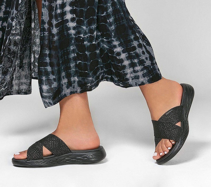 Skechers Women's On-the-GO 600 - Glistening Metallic Mesh Slide Sandals, Black / Black, 6 - Image 2
