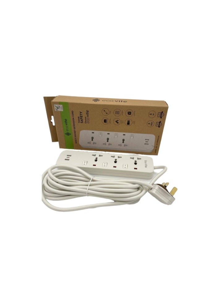 eco vite EcoVite 3-Way Extension Cord with 2 USB Charging Ports – 5-Meter Cable | 3 Universal Sockets with Individual Switches | ECAS Approved | Heavy Duty Multi Plug Power Strip for Home and Office - Image 1