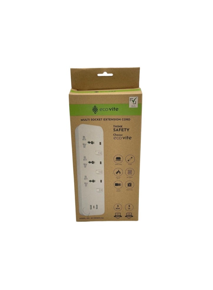 eco vite EcoVite 3-Way Extension Cord with 2 USB Charging Ports – 5-Meter Cable | 3 Universal Sockets with Individual Switches | ECAS Approved | Heavy Duty Multi Plug Power Strip for Home and Office - Image 2