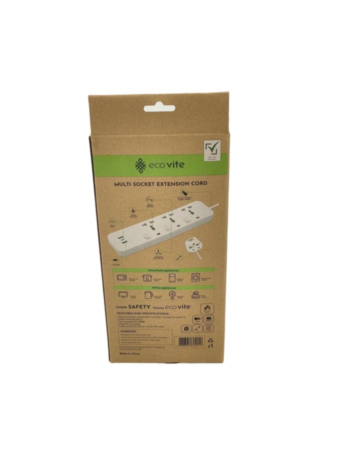 eco vite EcoVite 3-Way Extension Cord with 2 USB Charging Ports – 5-Meter Cable | 3 Universal Sockets with Individual Switches | ECAS Approved | Heavy Duty Multi Plug Power Strip for Home and Office - Image 3