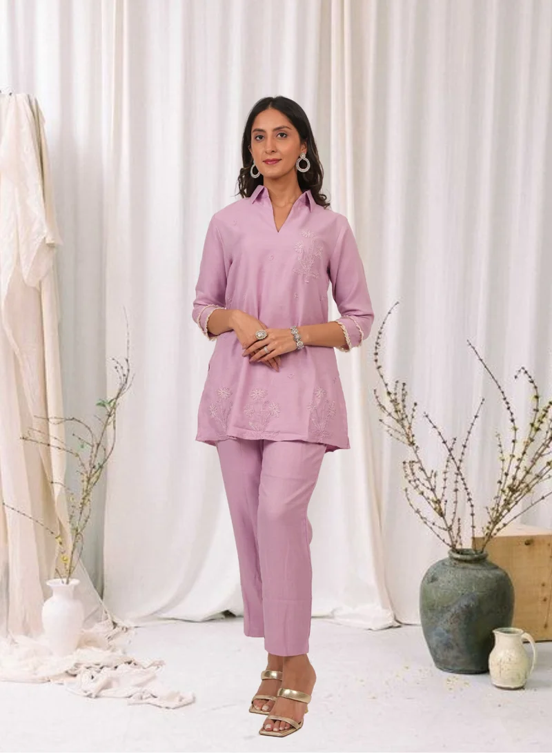 Lehar Blush Pink Embroidered Cotton Kurta Set