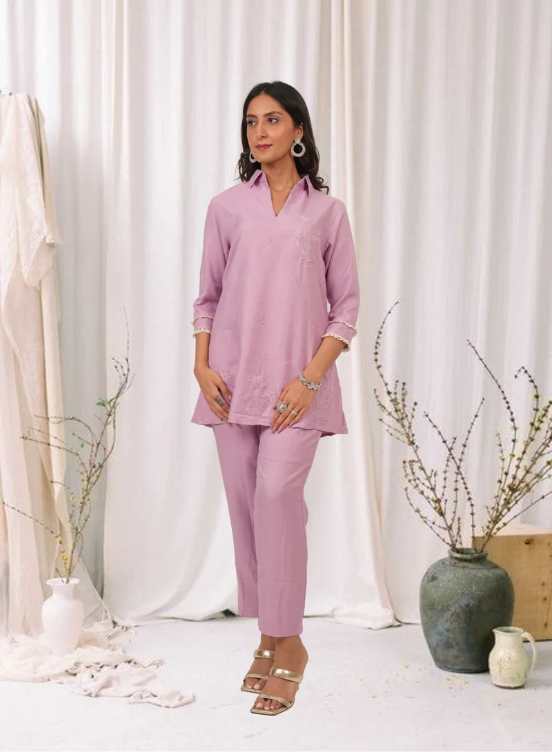 Lehar Blush Pink Embroidered Cotton Kurta Set