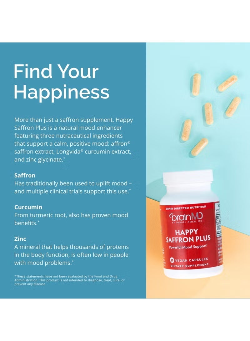برينمد BrainMD Happy Saffron Plus – دعم التركيز والوضوح والعافية مع الأشواغاندا، المغنيسيوم جليسينات ومركب الفيتامينات المتعددة – 90 كبسولة نباتية - Image 5