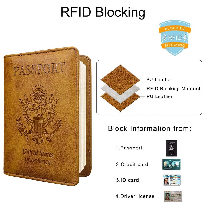 WALNEW Passport Holder for Travel, RFID Passport Cover Wallet for Women Men, PU Leather Passport Book Card Holder Case with Pen (Upgraded, Upgraded-Brown) - Image 5