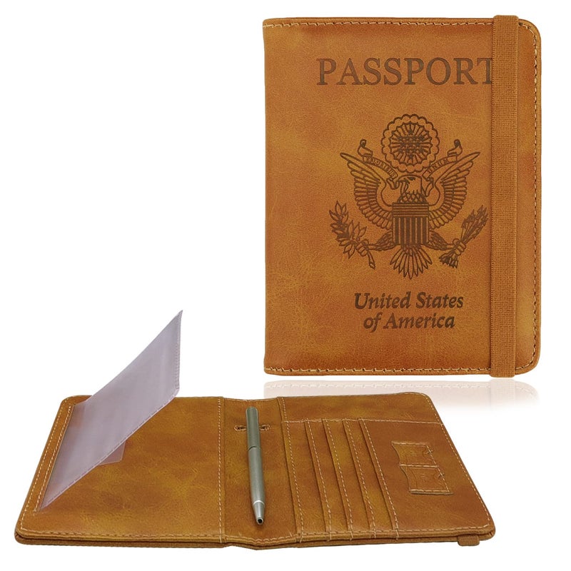 WALNEW Passport Holder for Travel, RFID Passport Cover Wallet for Women Men, PU Leather Passport Book Card Holder Case with Pen (Upgraded, Upgraded-Brown) - Image 1