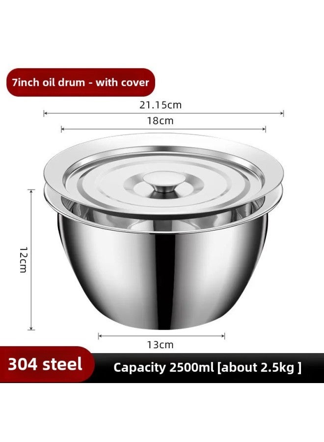 304 Extra Thick Stainless Steel Oil Basin Oil Drum Large Soup Basin Seasonings Basin Round Lard Basin Egg Beater Basin And Basin With Lid-Specifications:7 Inches 22cm Oil Drum [with Cap] Capacity 2500ml-Color:Default - Image 1