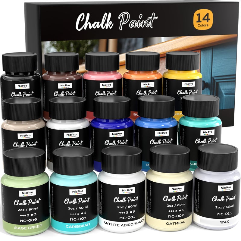 Nicpro 14 Colors Chalk Paint for Furniture, 2 fl oz (60ml) Ultra Matte Finish Acrylic Craft Paint, Non-Toxic Chalk Furniture Paints for Wood, Metal, Cabinets, Home Decor with Liquid Wax, Color Wheel - Image 1