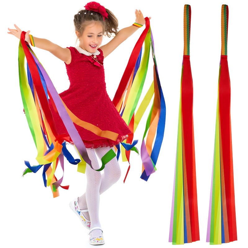 MTLEE 12 Pcs Rainbow Dance Ribbons Kids Dancing Wands Stretchy Band for Music Classroom Christmas Valentines Hand Held Rhythm Streamers Gift Dance Decorations (Dark Rainbow) - Image 1