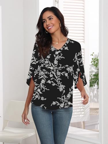 LAOLASI Womens Blouse Summer Elegant 3/4 Sleeve V Neck Flowy Chiffon Blouses for Women Casual Tops Shirts,Black D Floral,L - Image 5