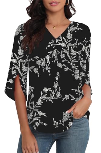 LAOLASI Womens Blouse Summer Elegant 3/4 Sleeve V Neck Flowy Chiffon Blouses for Women Casual Tops Shirts,Black D Floral,L - Image 1