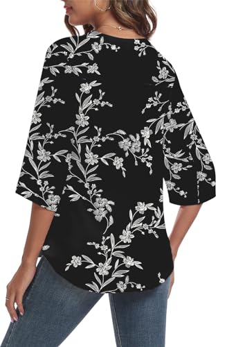 LAOLASI Womens Blouse Summer Elegant 3/4 Sleeve V Neck Flowy Chiffon Blouses for Women Casual Tops Shirts,Black D Floral,L - Image 2