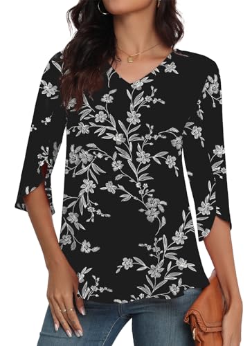 LAOLASI Womens Blouse Summer Elegant 3/4 Sleeve V Neck Flowy Chiffon Blouses for Women Casual Tops Shirts,Black D Floral,L - Image 4