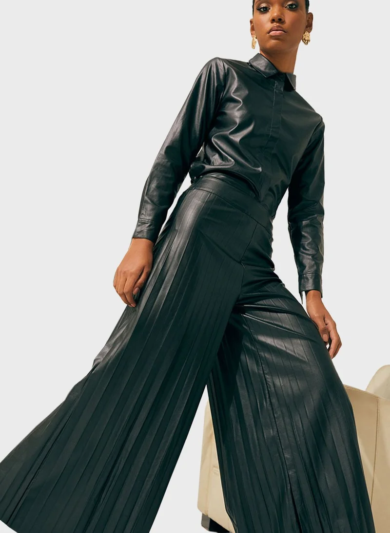 RINA Pleated Wide Leg Leather Pants