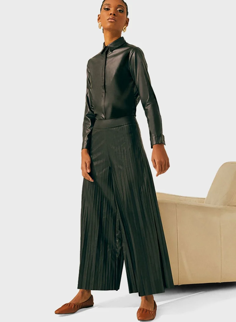 RINA Pleated Wide Leg Leather Pants