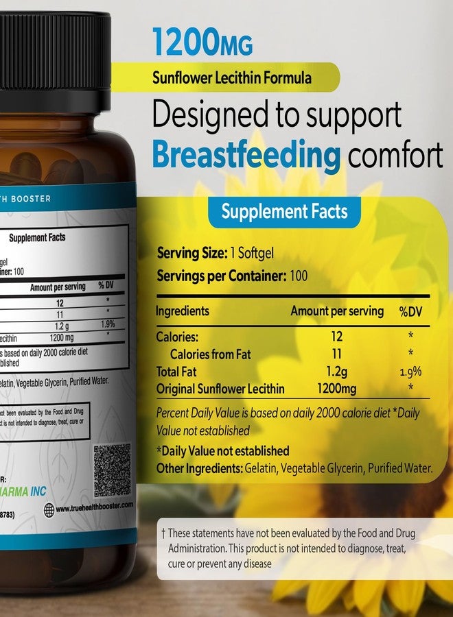 TRUEMED Organic Sunflower Lecithin 1200 mg – Sunflower Lecithin Breastfeeding Supplement for Moms – Supports Milk Flow, Clogged Duct Relief, Brain & Liver Health – Soy-Free, Non-GMO – 100 Softgels - Image 2
