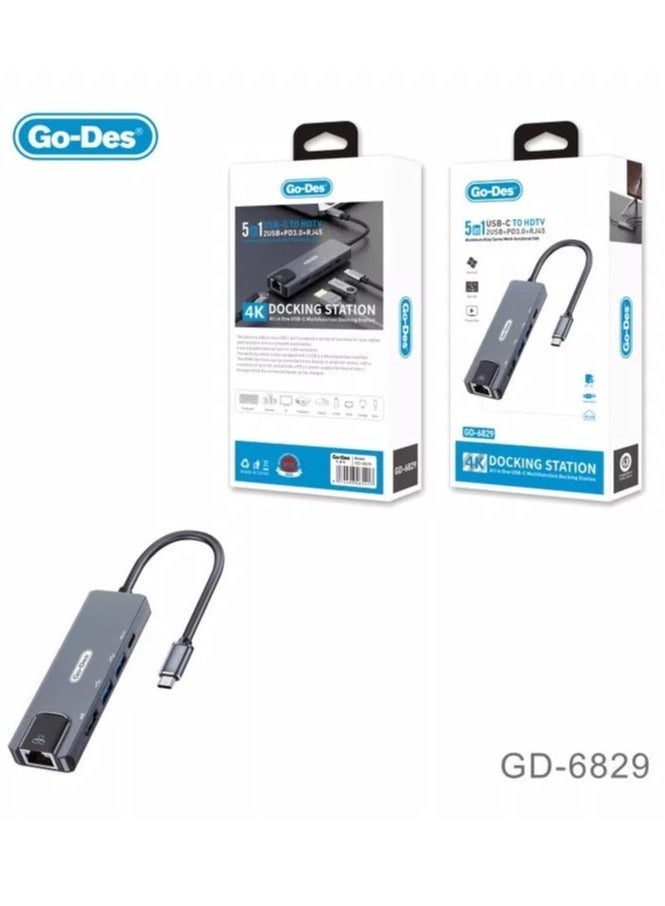 جو-ديز "Type-C to HDTV 5-in-1 Converter Adapter – Gigabit Ethernet, 2 USB 3.0 Ports, 4K HDMI Output, USB-C PD Charging, Plug & Play for Laptops and MacBooks" - Image 3